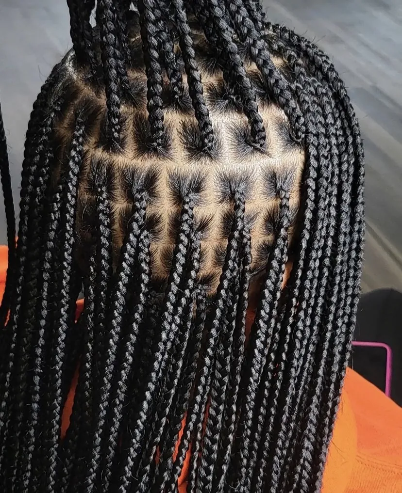 Black knotless braids with brick-lay parts, seen from the back